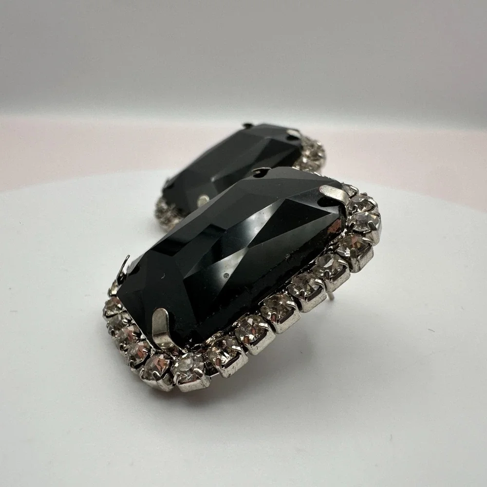 Vintage 90s Silver Tone Black Onyx Clear Rhinestone Stud Earrings Jewelry
